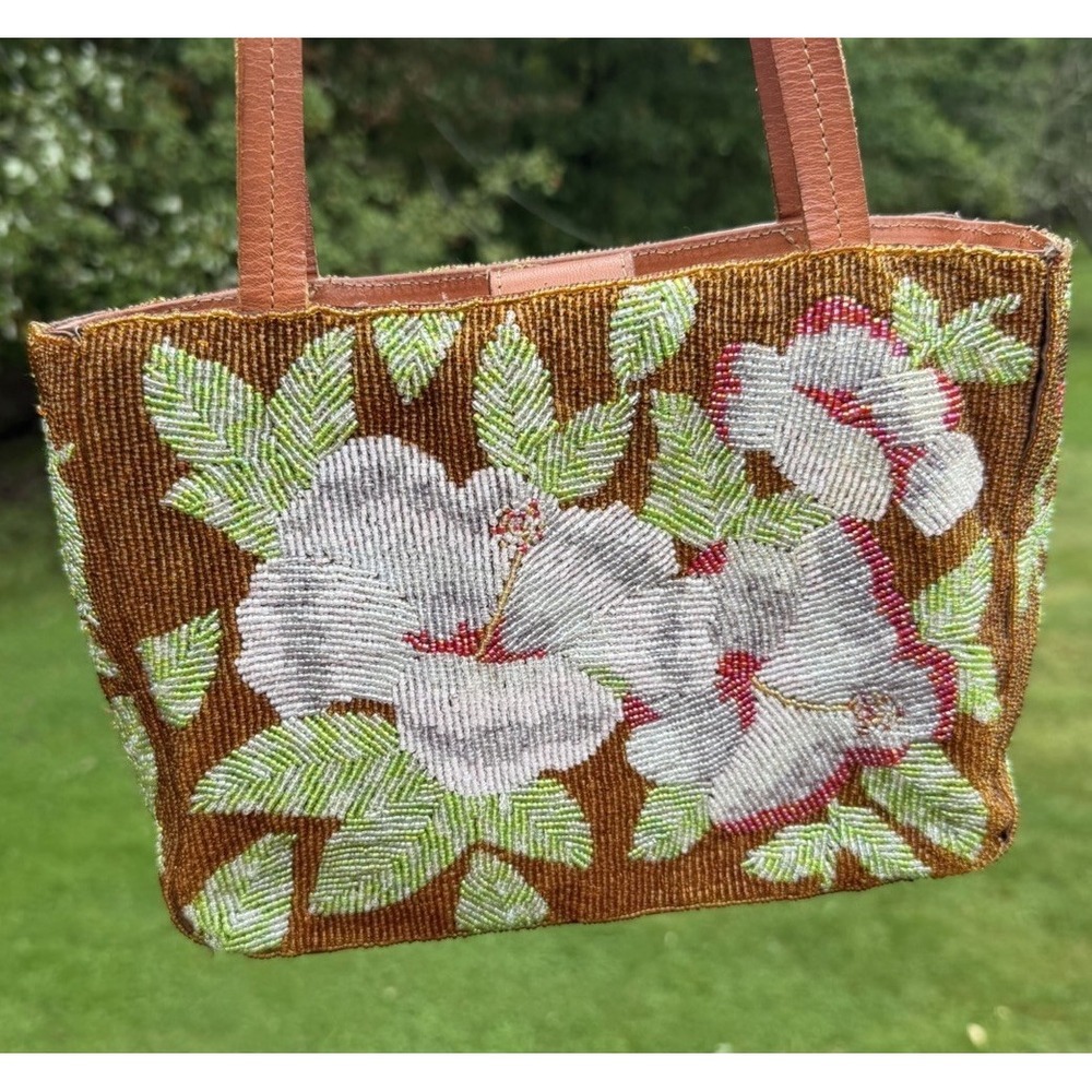 Tommy Bahama Microbeaded Hibiscus Floral Tote Shoulder Bag Brown White Green